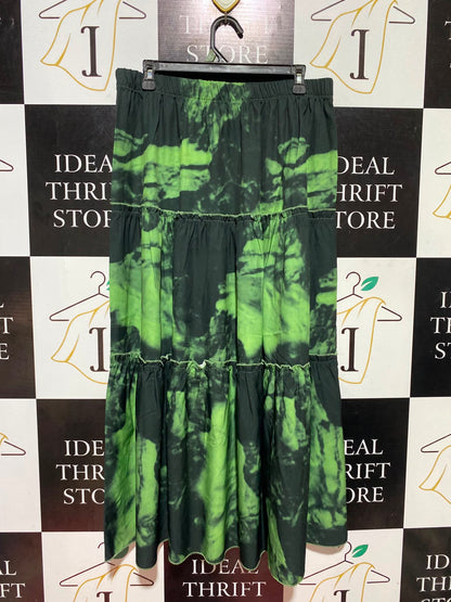 SHEIN CURVE |XL| WAIST 32| B47| BLACK AND NEON LIME GREEN TIE-DYE ABSTRACT PRINT LONG SKIRT