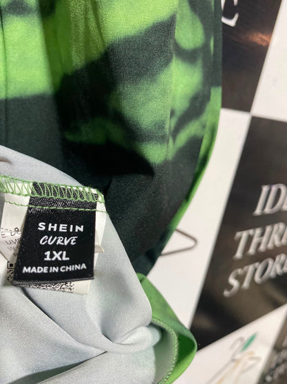 SHEIN CURVE |XL| WAIST 32| B47| BLACK AND NEON LIME GREEN TIE-DYE ABSTRACT PRINT LONG SKIRT