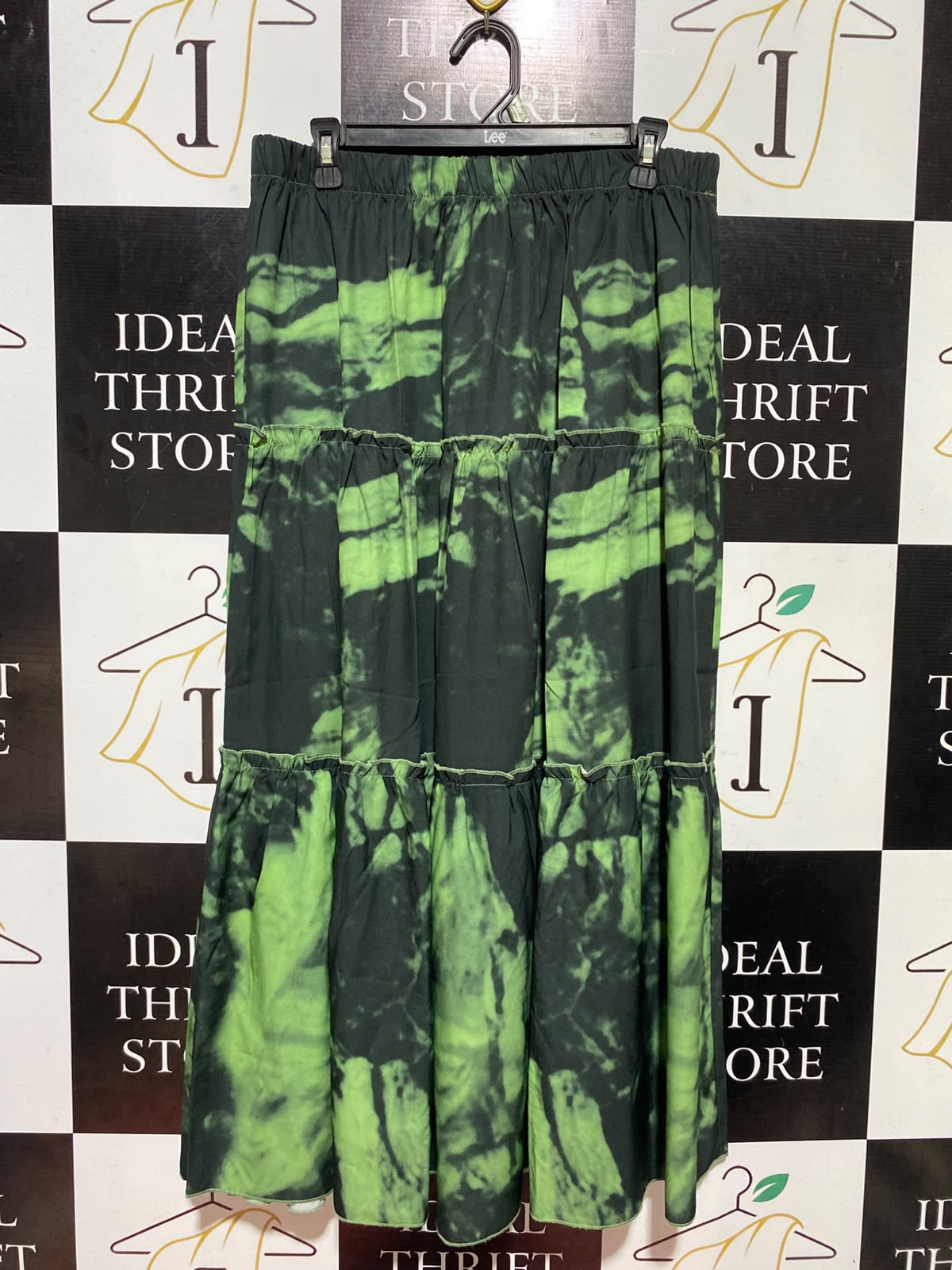 SHEIN CURVE |XL| WAIST 32| B47| BLACK AND NEON LIME GREEN TIE-DYE ABSTRACT PRINT LONG SKIRT
