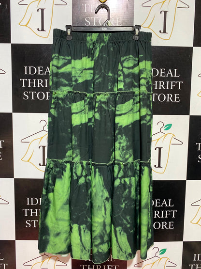 SHEIN CURVE |XL| WAIST 32| B47| BLACK AND NEON LIME GREEN TIE-DYE ABSTRACT PRINT LONG SKIRT