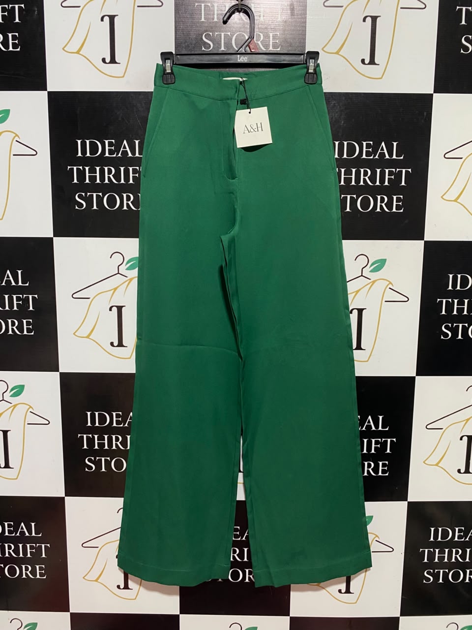 ATMOS & HERE |XS| WAIST 24| B47| EMERALD GREEN HIGH-WAISTED WIDE-LEG TROUSERS