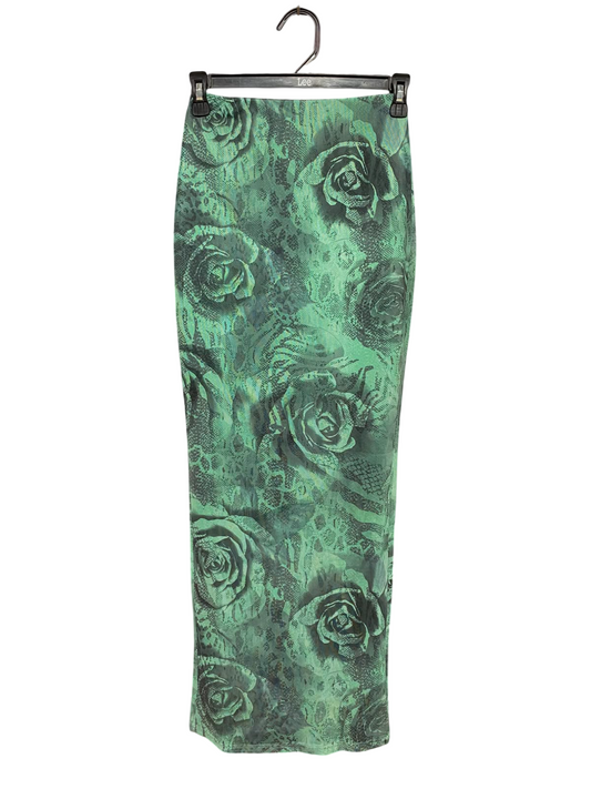 SHEIN |XS| WAIST 23| B48| EMERALD GREEN ROSE PRINT MAXI SKIRT WITH REPTILE TEXTURE DETAIL