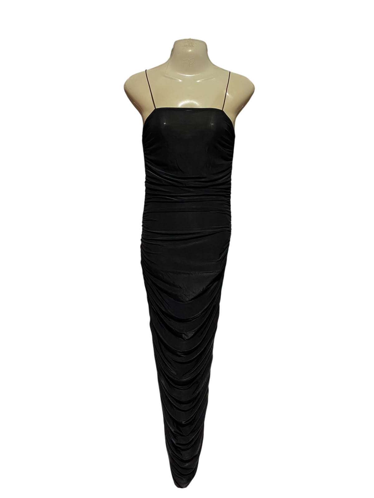 PRETTYLITTLE THING |S| BUST 14| B48| BLACK SLINKY RUCHED BODYCON MAXI DRESS WITH SPAGHETTI STRAPS
