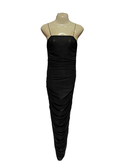 PRETTYLITTLE THING |S| BUST 14| B48| BLACK SLINKY RUCHED BODYCON MAXI DRESS WITH SPAGHETTI STRAPS