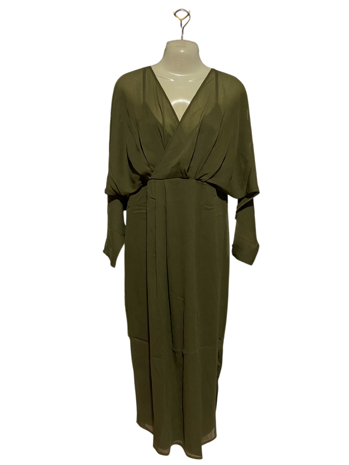 ASOS |M| BUST FREE| B48| OLIVE GREEN WRAP MAXI DRESS WITH DEEP V-NECK AND SHEER OVERLAY