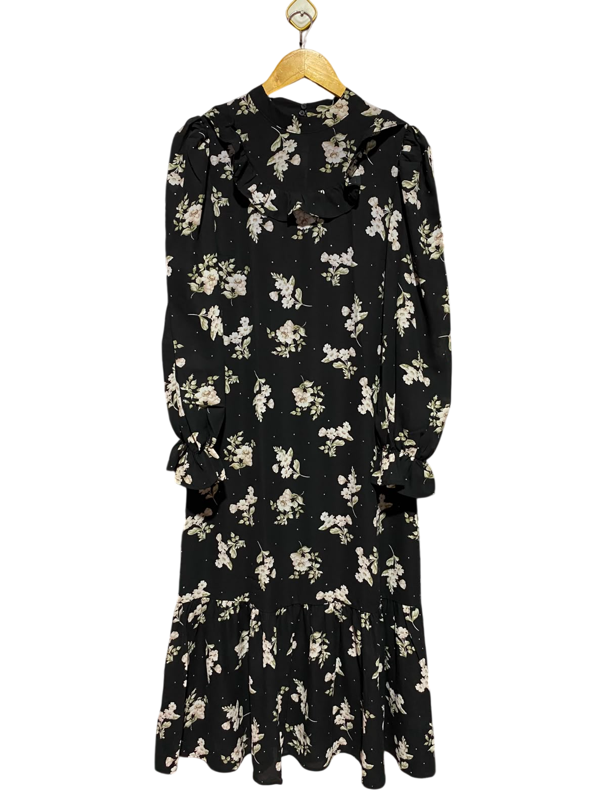 NEW LOOK |M| BUST 17| B48| VINTAGE BLACK FLORAL MAXI DRESS WITH RUFFLED YOKE AND TIED CUFFS