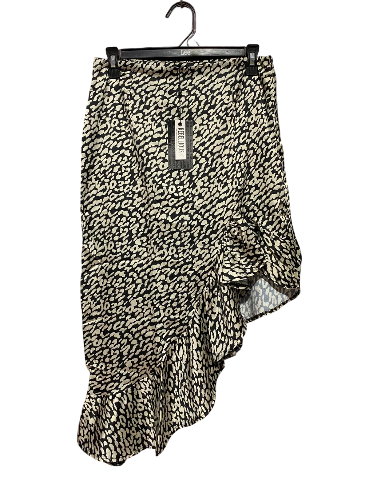 REBELLIOUS |M| WAIST 28| B48| STYLISH LEOPARD PRINT ASYMMETRICAL MIDI SKIRT WITH CASCADE RUFFLE HEM