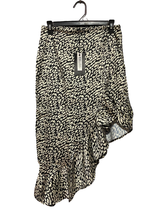 REBELLIOUS |M| WAIST 28| B48| STYLISH LEOPARD PRINT ASYMMETRICAL MIDI SKIRT WITH CASCADE RUFFLE HEM