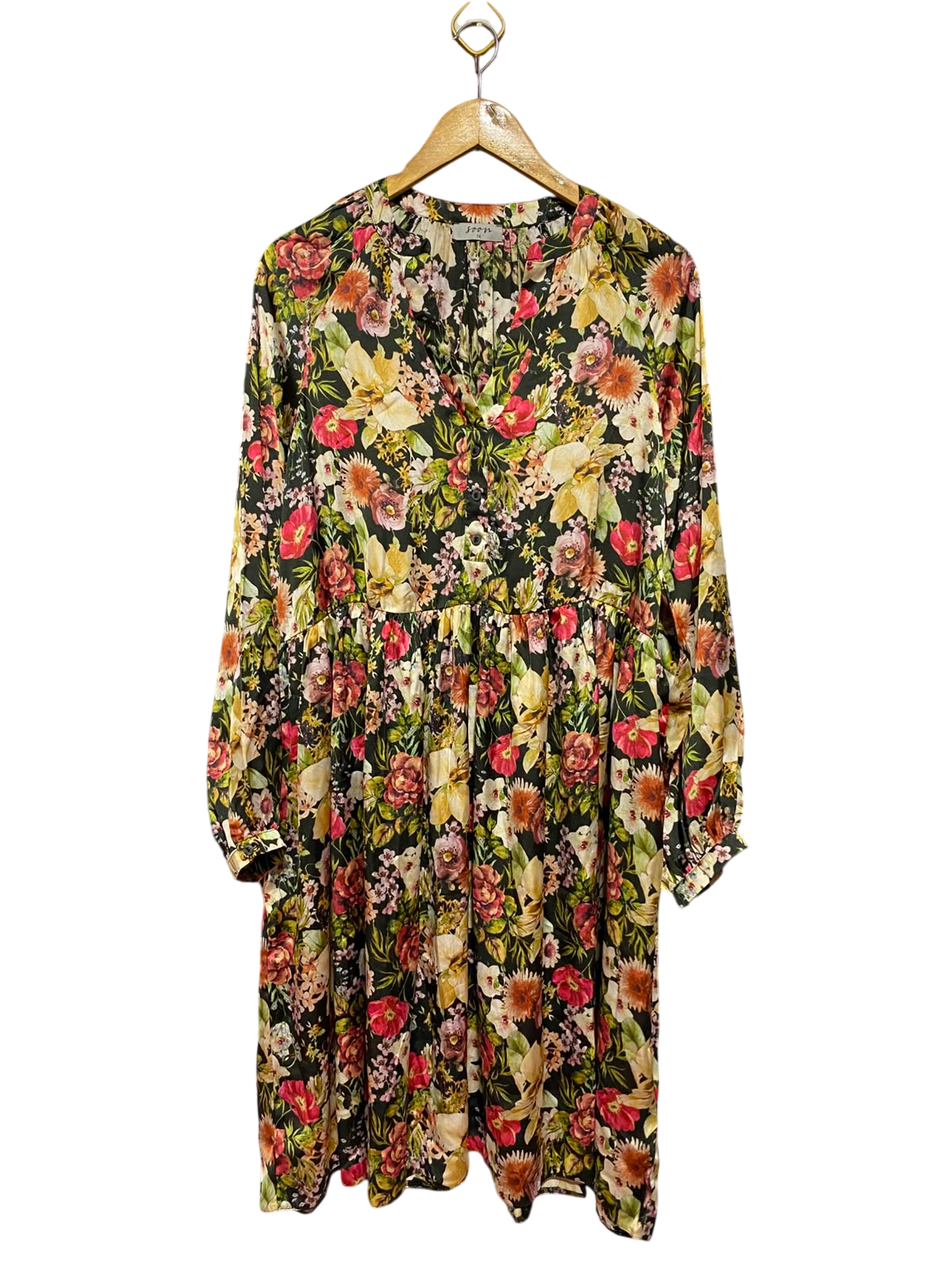 SOON |L| BUST 21| B48| EXQUISITE DARK MAXI DRESS IN MULTICOLOR BOTANICAL PRINT WITH V-NECK