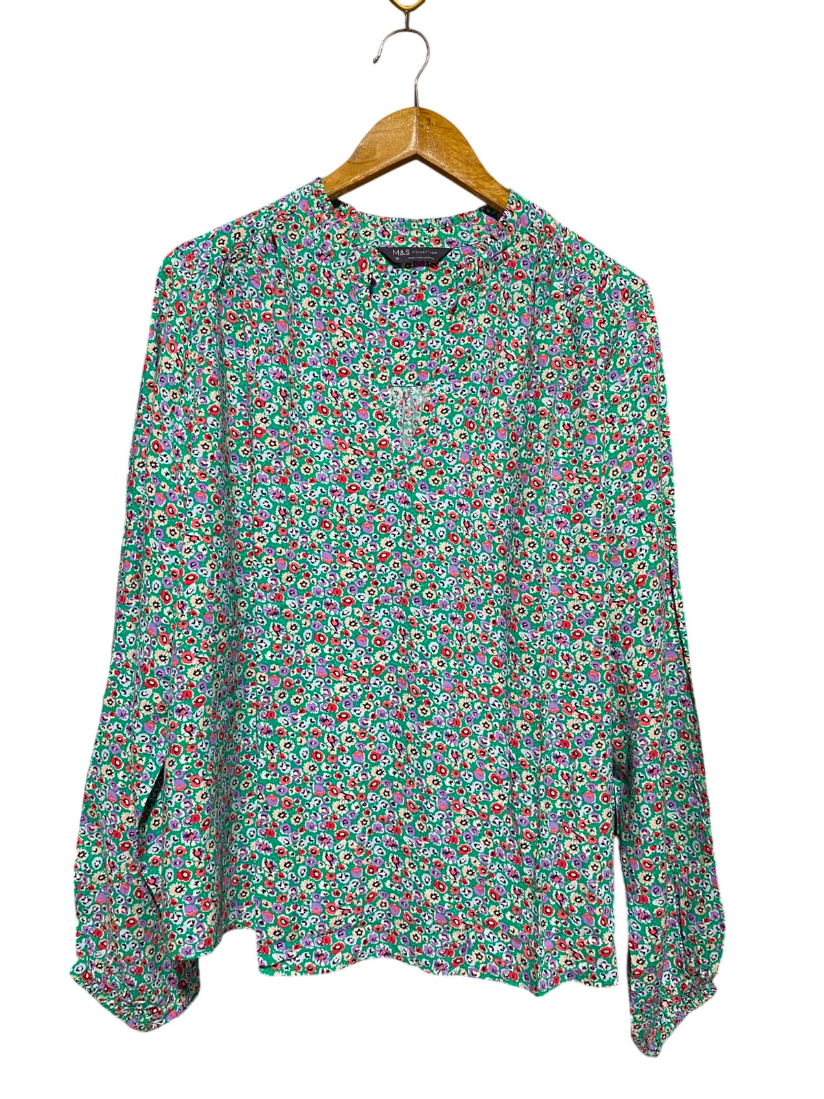 M&S |L| BUST 24| B48| VIBRANT GREEN DITSY FLORAL V-NECK BLOUSE WITH LONG SLEEVES