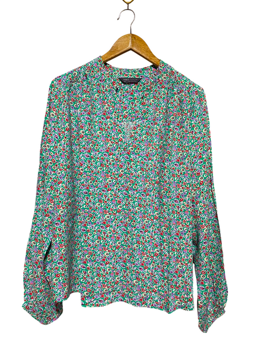 M&S |L| BUST 24| B48| VIBRANT GREEN DITSY FLORAL V-NECK BLOUSE WITH LONG SLEEVES
