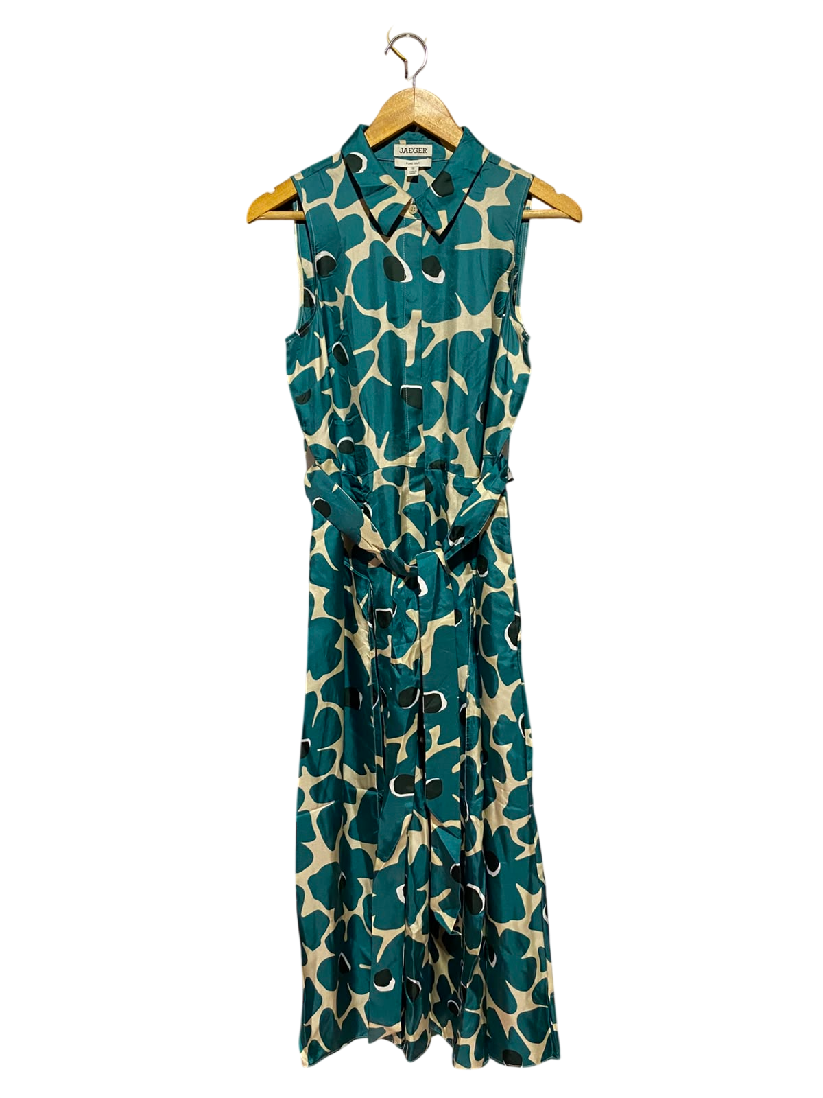 JAEGER |M| BUST 18| B48| CHIC TEAL ABSTRACT FLORAL SLEEVELESS SHIRT DRESS WITH MATCHING BELT