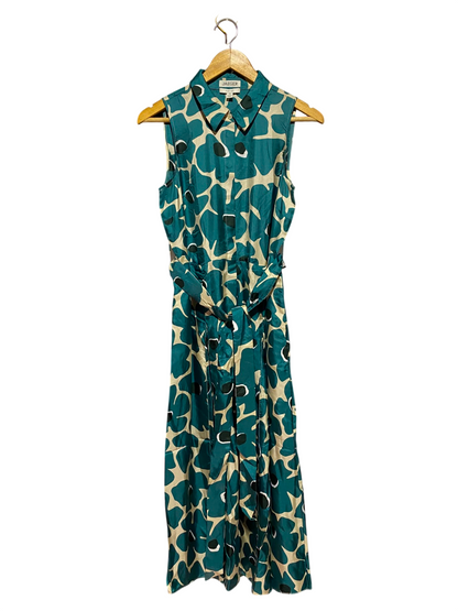 JAEGER |M| BUST 18| B48| CHIC TEAL ABSTRACT FLORAL SLEEVELESS SHIRT DRESS WITH MATCHING BELT