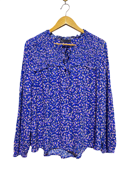 M&S |L| BUST 24| B48| CHARMING ROYAL BLUE FLORAL BLOUSE WITH SMOCKED YOKE AND TIE-NECK