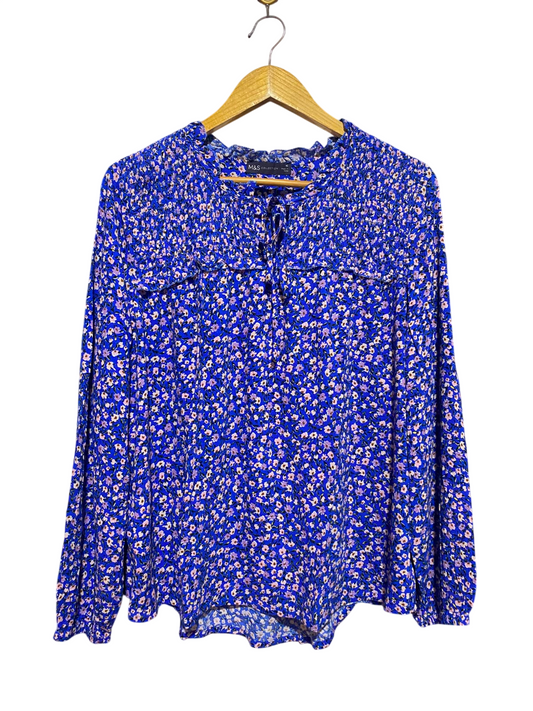 M&S |L| BUST 24| B48| CHARMING ROYAL BLUE FLORAL BLOUSE WITH SMOCKED YOKE AND TIE-NECK