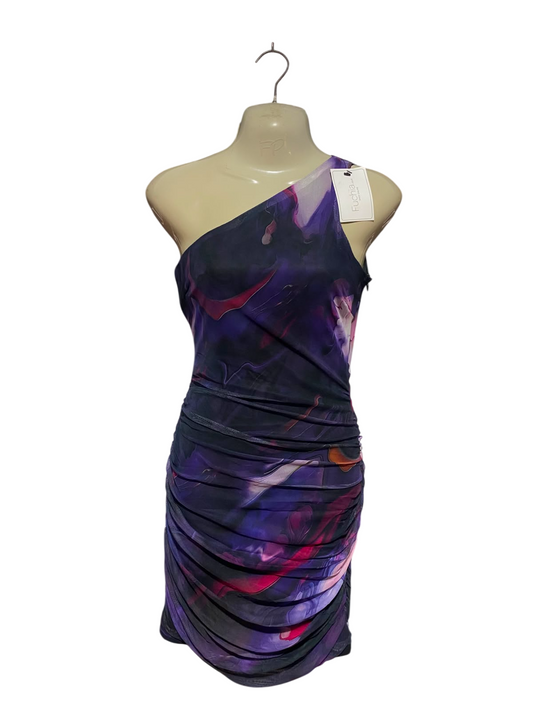NAA NAA |S| BUST 15| B49| SULTRY ONE-SHOULDER PURPLE ABSTRACT PRINT RUCHE MINI DRESS