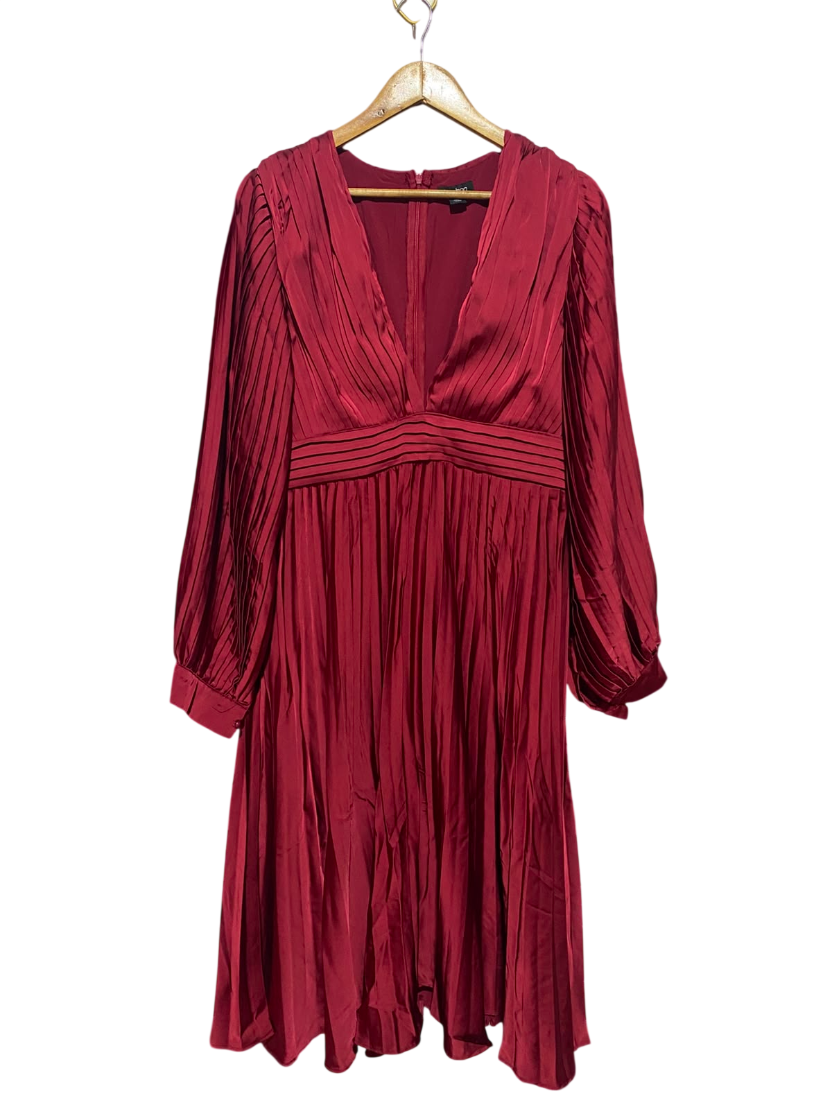 BOOHOO |L| BUST 19| B49| LUXURIOUS BURGUNDY SATIN PLEATED MIDI DRESS WITH DEEP V-NECK