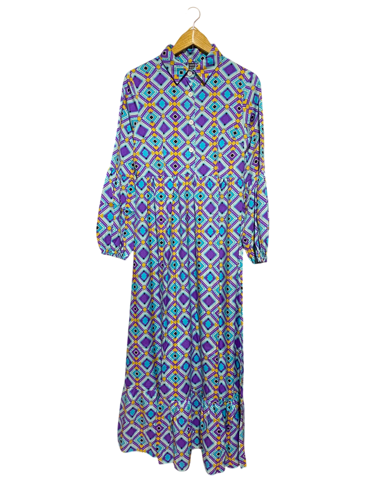 SHEIN |M| BUST 17| B49| VIBRANT RETRO GEOMETRIC PRINT MAXI SHIRT DRESS WITH LONG SLEEVES