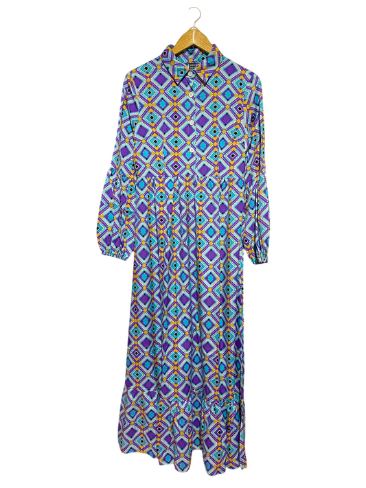 SHEIN |M| BUST 17| B49| VIBRANT RETRO GEOMETRIC PRINT MAXI SHIRT DRESS WITH LONG SLEEVES