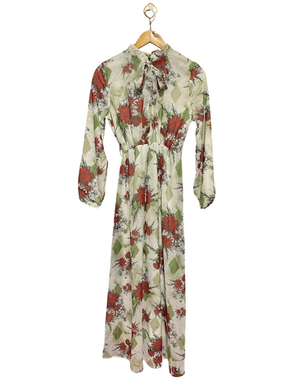 IKILI MODA |S| BUST 15| B49| ELEGANT VINTAGE FLORAL MAXI DRESS WITH BOW NECK AND LONG SLEEVES