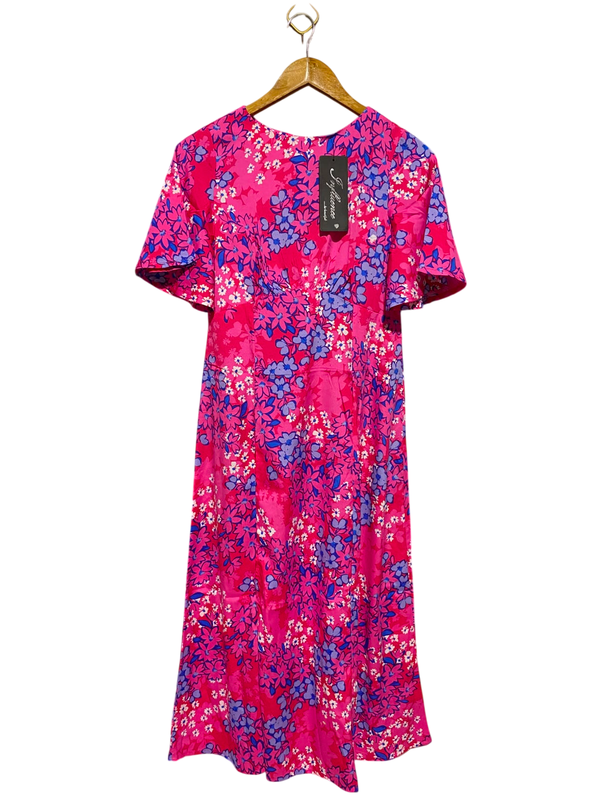 INFLUENCE |S| BUST 15| B49| VIBRANT PINK & BLUE FLORAL MIDI DRESS - SHORT FLUTTER SLEEVE EMPIRE WAIST CASUAL MAXI DRESS