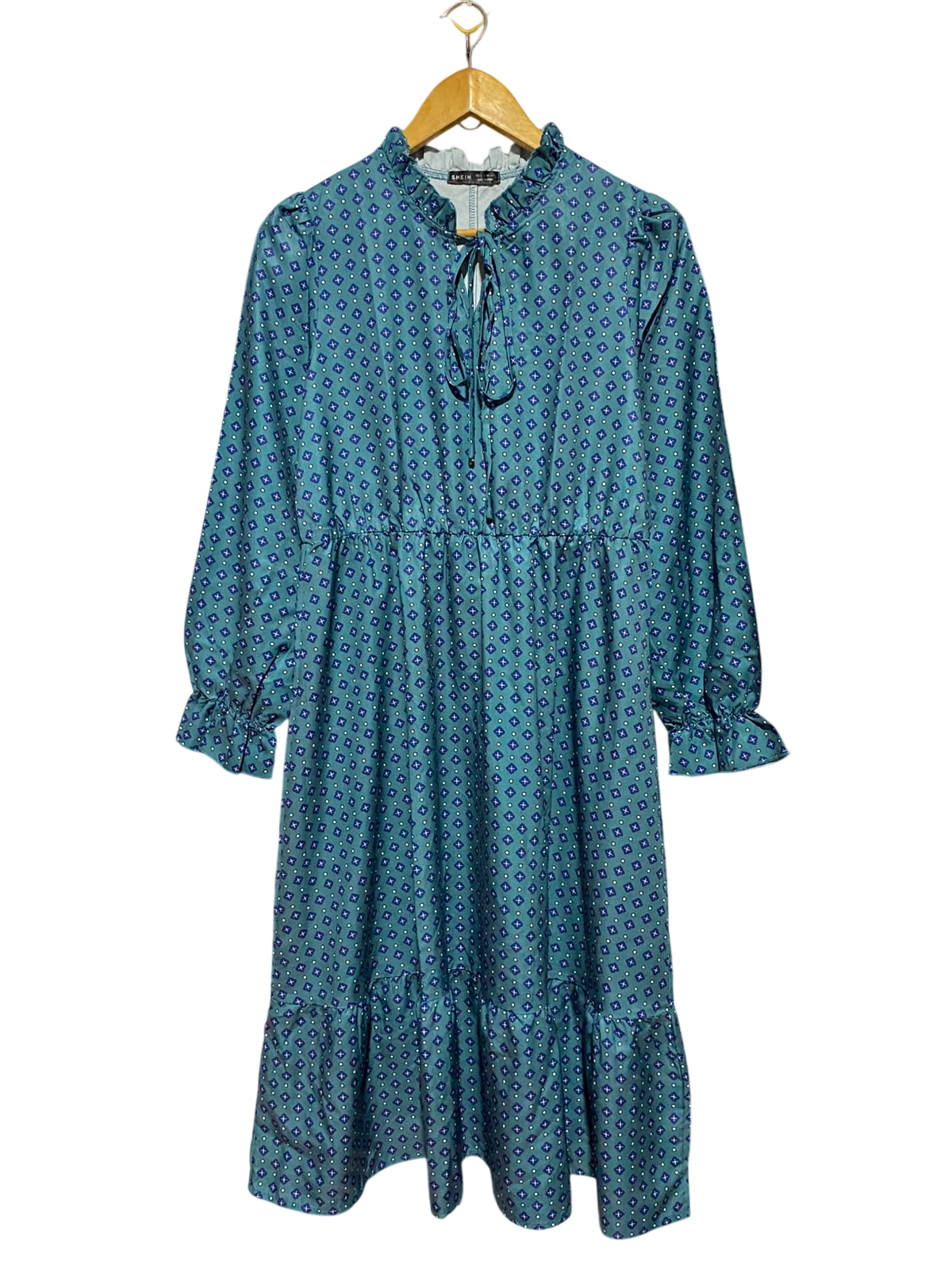 SHEIN |S| BUST 19| B49| RUFFLE COLLAR TIE FRONT LONG SLEEVE ELASTIC WAIST TIERED DRESS