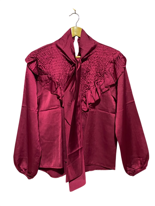 FEMME LUXE |L| BUST 20| B49| LUXURY BURGUNDY SATIN BLOUSE - SMOCKED YOKE TIE NECK LONG BALLOON SLEEVE RUFFLED TOP