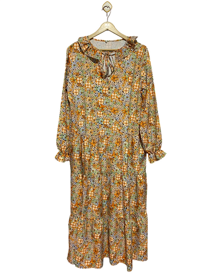 |L| BUST 20| B49| RETRO FLORAL TIERED MIDI DRESS - RUFFLE COLLAR TIE FRONT LONG SLEEVE CASUAL MAXI DRESS