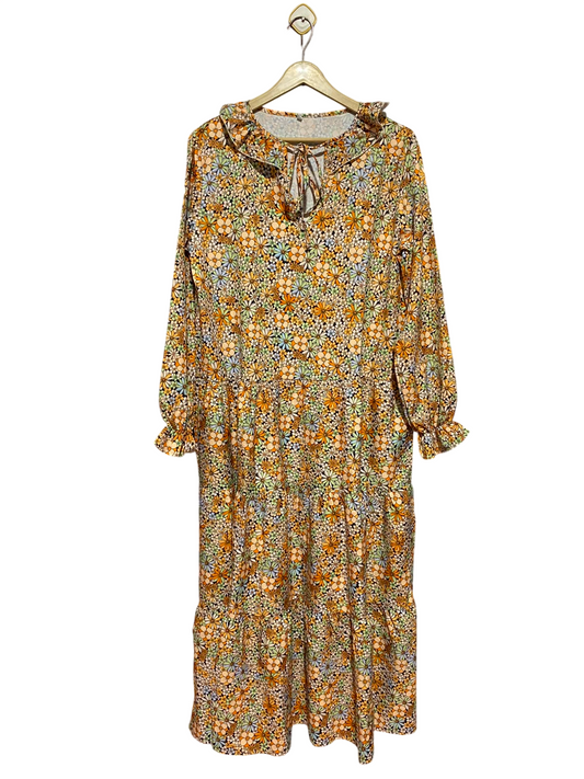 |L| BUST 20| B49| RETRO FLORAL TIERED MIDI DRESS - RUFFLE COLLAR TIE FRONT LONG SLEEVE CASUAL MAXI DRESS