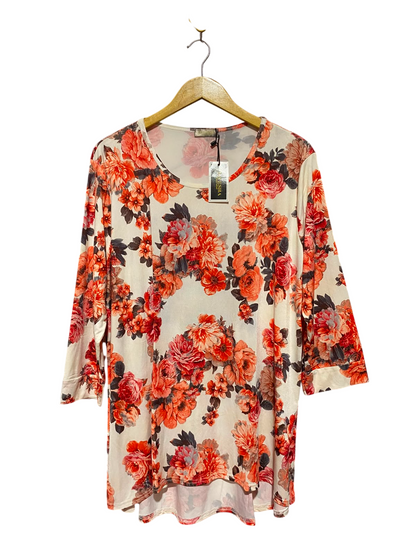 MAYESHA |XL| BUST 23| B49| VIBRANT CORAL FLORAL TUNIC TOP - 3/4 SLEEVE HIGH-LOW CASUAL BLOUSE