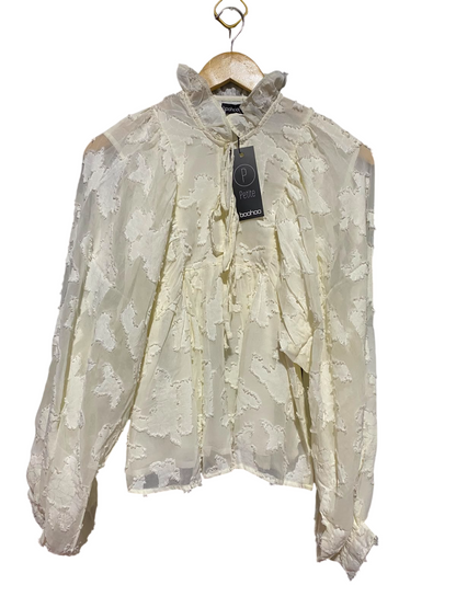 BOOHOO |S| BUST FREE | B49| WOMEN'S CREAM JACQUARD BLOUSE - RUFFLE NECK LONG BALLOON SLEEVE SHEER TOP