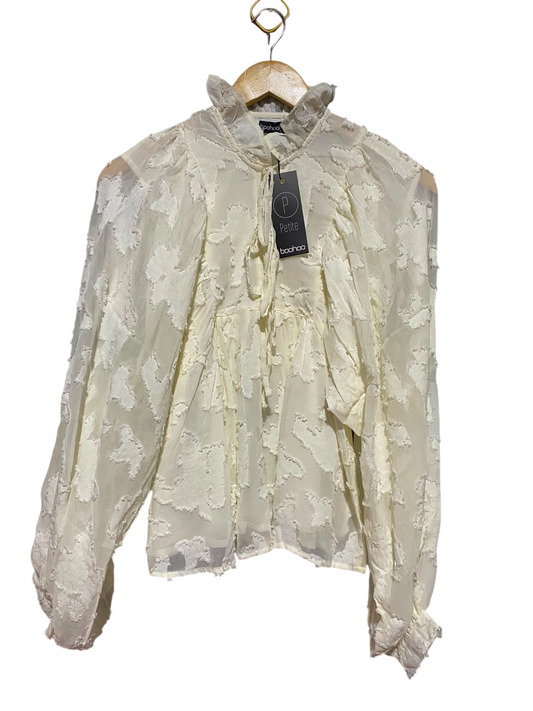 BOOHOO |S| BUST FREE | B49| WOMEN'S CREAM JACQUARD BLOUSE - RUFFLE NECK LONG BALLOON SLEEVE SHEER TOP