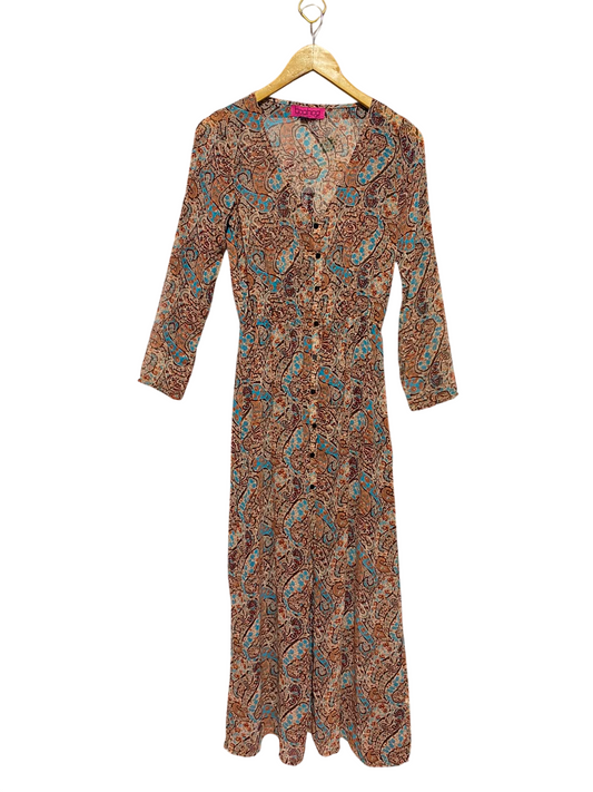 BOOHOO |M| BUST 17| B49| WOMEN'S PAISLEY PRINT MAXI DRESS - LONG SLEEVE BUTTON FRONT BOHO LONG DRESS