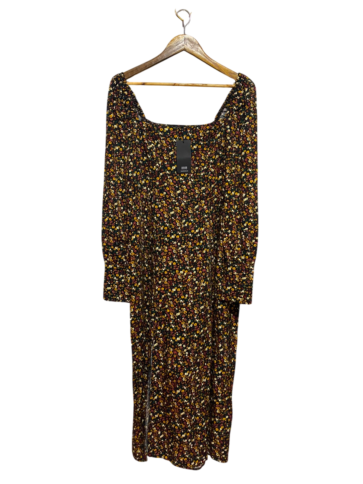 HOUSE BRAND |L| BUST 16| B49|WOMEN'S DITSY FLORAL MIDI DRESS - SQUARE NECK LONG SLEEVE SIDE SLIT BLACK CASUAL DRESS