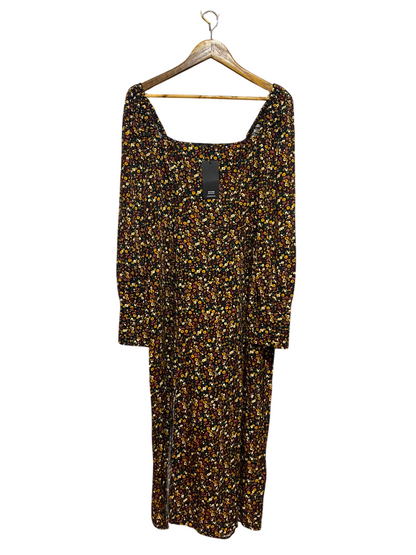 HOUSE BRAND |L| BUST 16| B49|WOMEN'S DITSY FLORAL MIDI DRESS - SQUARE NECK LONG SLEEVE SIDE SLIT BLACK CASUAL DRESS