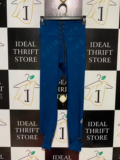 NIKE |XS| WAIST 24|B49| BLUE ALL-OVER LOGO RUNNING TIGHTS WITH STIRRUPS
