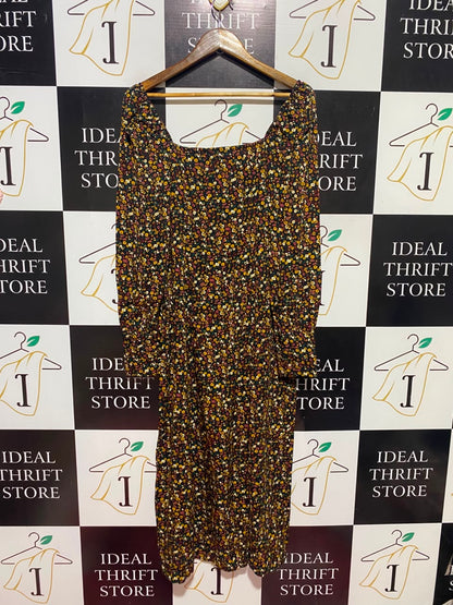 HOUSE BRAND |L| BUST 16| B49|WOMEN'S DITSY FLORAL MIDI DRESS - SQUARE NECK LONG SLEEVE SIDE SLIT BLACK CASUAL DRESS