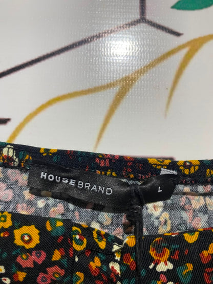 HOUSE BRAND |L| BUST 16| B49|WOMEN'S DITSY FLORAL MIDI DRESS - SQUARE NECK LONG SLEEVE SIDE SLIT BLACK CASUAL DRESS