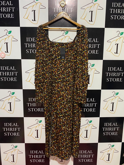 HOUSE BRAND |L| BUST 16| B49|WOMEN'S DITSY FLORAL MIDI DRESS - SQUARE NECK LONG SLEEVE SIDE SLIT BLACK CASUAL DRESS