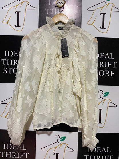 BOOHOO |S| BUST FREE | B49| WOMEN'S CREAM JACQUARD BLOUSE - RUFFLE NECK LONG BALLOON SLEEVE SHEER TOP