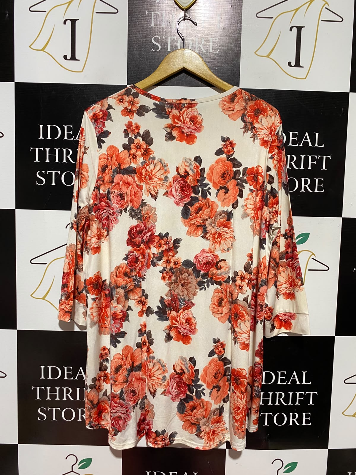 MAYESHA |XL| BUST 23| B49| VIBRANT CORAL FLORAL TUNIC TOP - 3/4 SLEEVE HIGH-LOW CASUAL BLOUSE