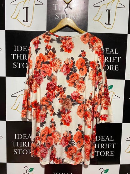 MAYESHA |XL| BUST 23| B49| VIBRANT CORAL FLORAL TUNIC TOP - 3/4 SLEEVE HIGH-LOW CASUAL BLOUSE