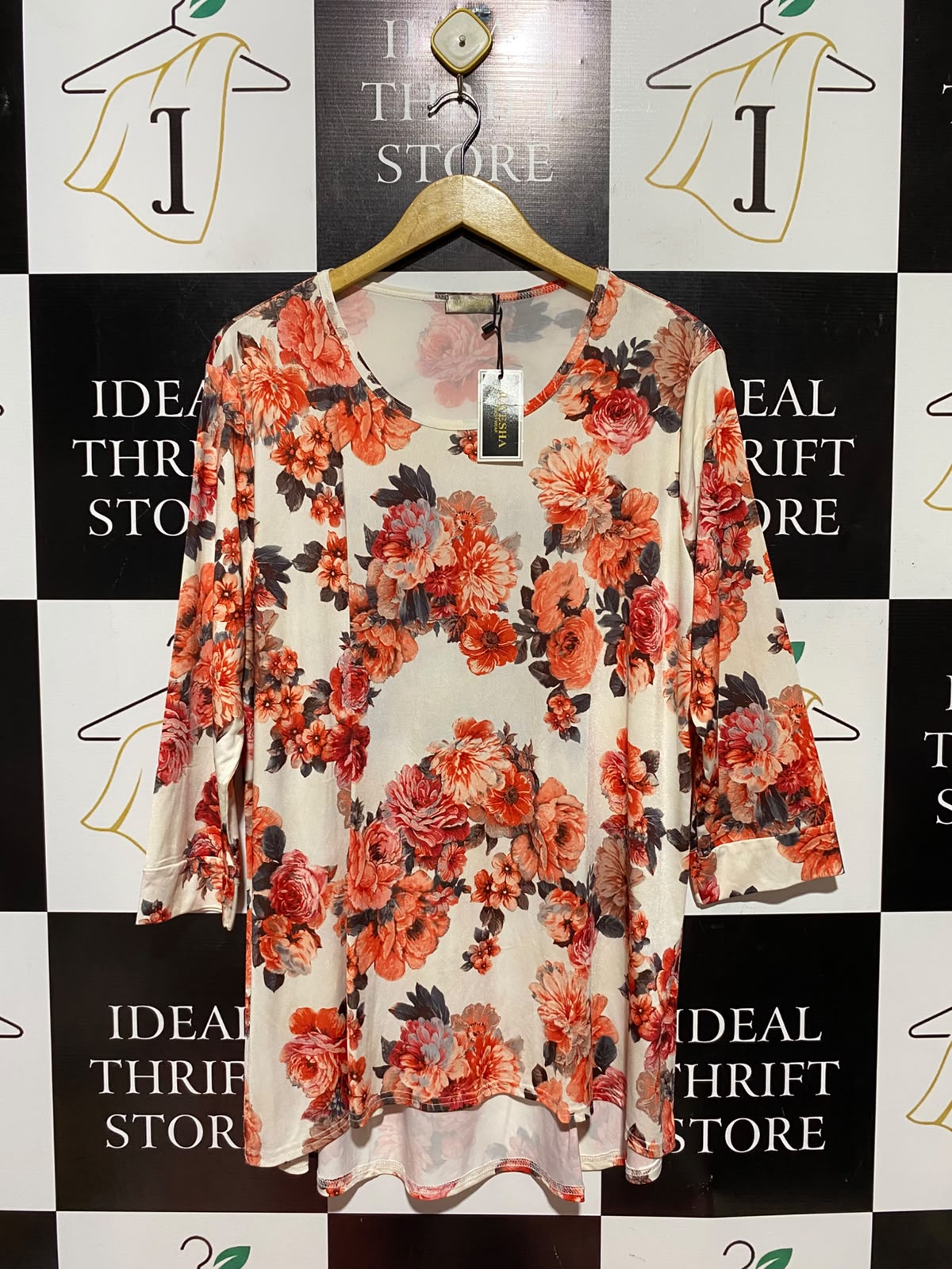 MAYESHA |XL| BUST 23| B49| VIBRANT CORAL FLORAL TUNIC TOP - 3/4 SLEEVE HIGH-LOW CASUAL BLOUSE