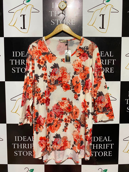 MAYESHA |XL| BUST 23| B49| VIBRANT CORAL FLORAL TUNIC TOP - 3/4 SLEEVE HIGH-LOW CASUAL BLOUSE