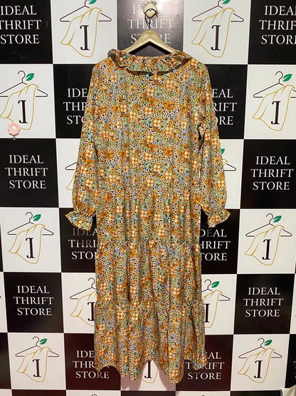 |L| BUST 20| B49| RETRO FLORAL TIERED MIDI DRESS - RUFFLE COLLAR TIE FRONT LONG SLEEVE CASUAL MAXI DRESS