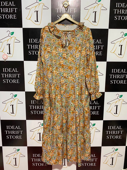 |L| BUST 20| B49| RETRO FLORAL TIERED MIDI DRESS - RUFFLE COLLAR TIE FRONT LONG SLEEVE CASUAL MAXI DRESS