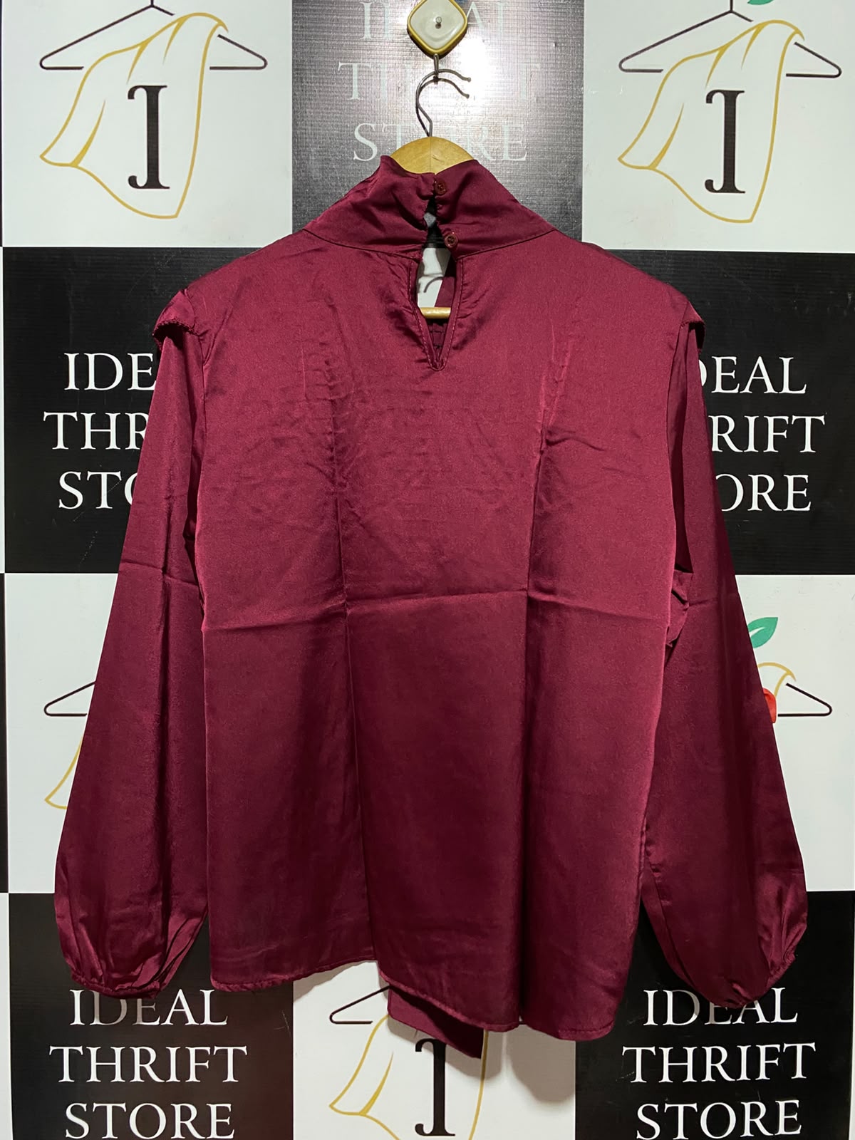 FEMME LUXE |L| BUST 20| B49| LUXURY BURGUNDY SATIN BLOUSE - SMOCKED YOKE TIE NECK LONG BALLOON SLEEVE RUFFLED TOP