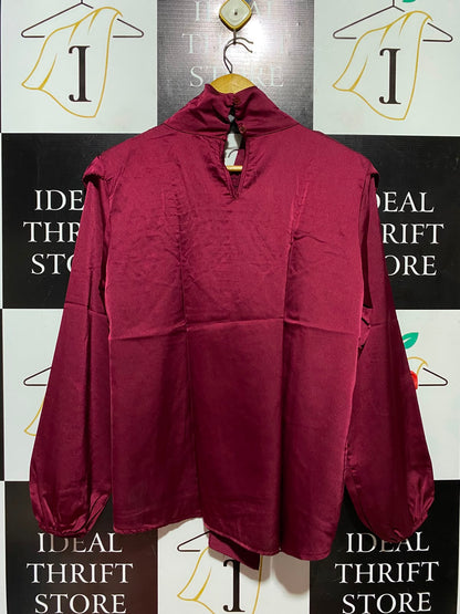 FEMME LUXE |L| BUST 20| B49| LUXURY BURGUNDY SATIN BLOUSE - SMOCKED YOKE TIE NECK LONG BALLOON SLEEVE RUFFLED TOP