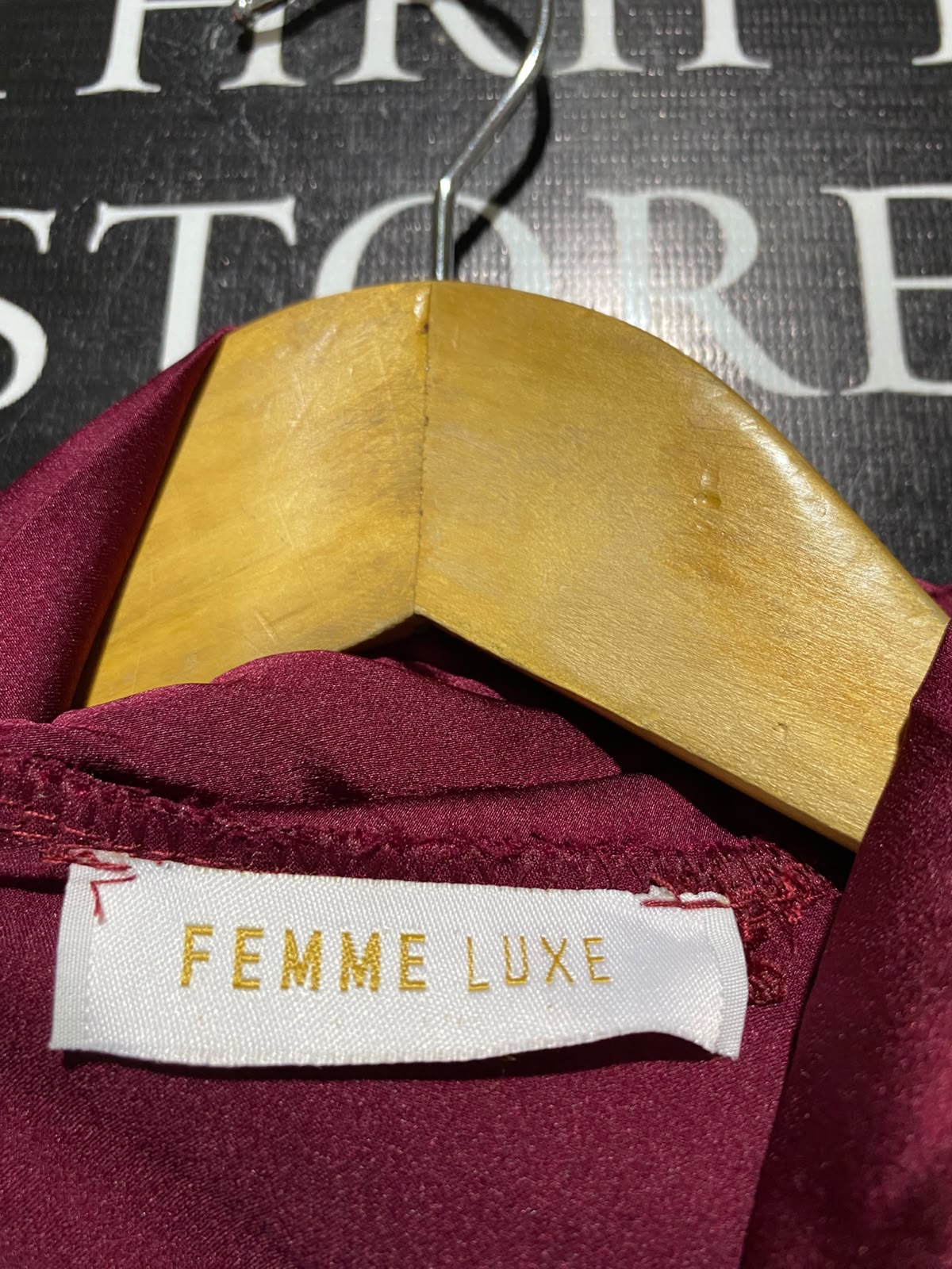 FEMME LUXE |L| BUST 20| B49| LUXURY BURGUNDY SATIN BLOUSE - SMOCKED YOKE TIE NECK LONG BALLOON SLEEVE RUFFLED TOP