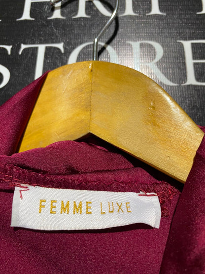FEMME LUXE |L| BUST 20| B49| LUXURY BURGUNDY SATIN BLOUSE - SMOCKED YOKE TIE NECK LONG BALLOON SLEEVE RUFFLED TOP